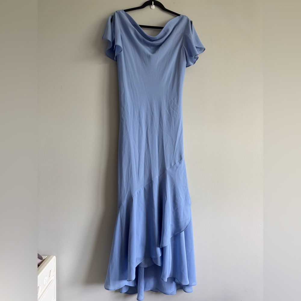 Vintage Y2K Liz Baker Elegant Periwinkle Purple Flutter Sleeve Organza Dress